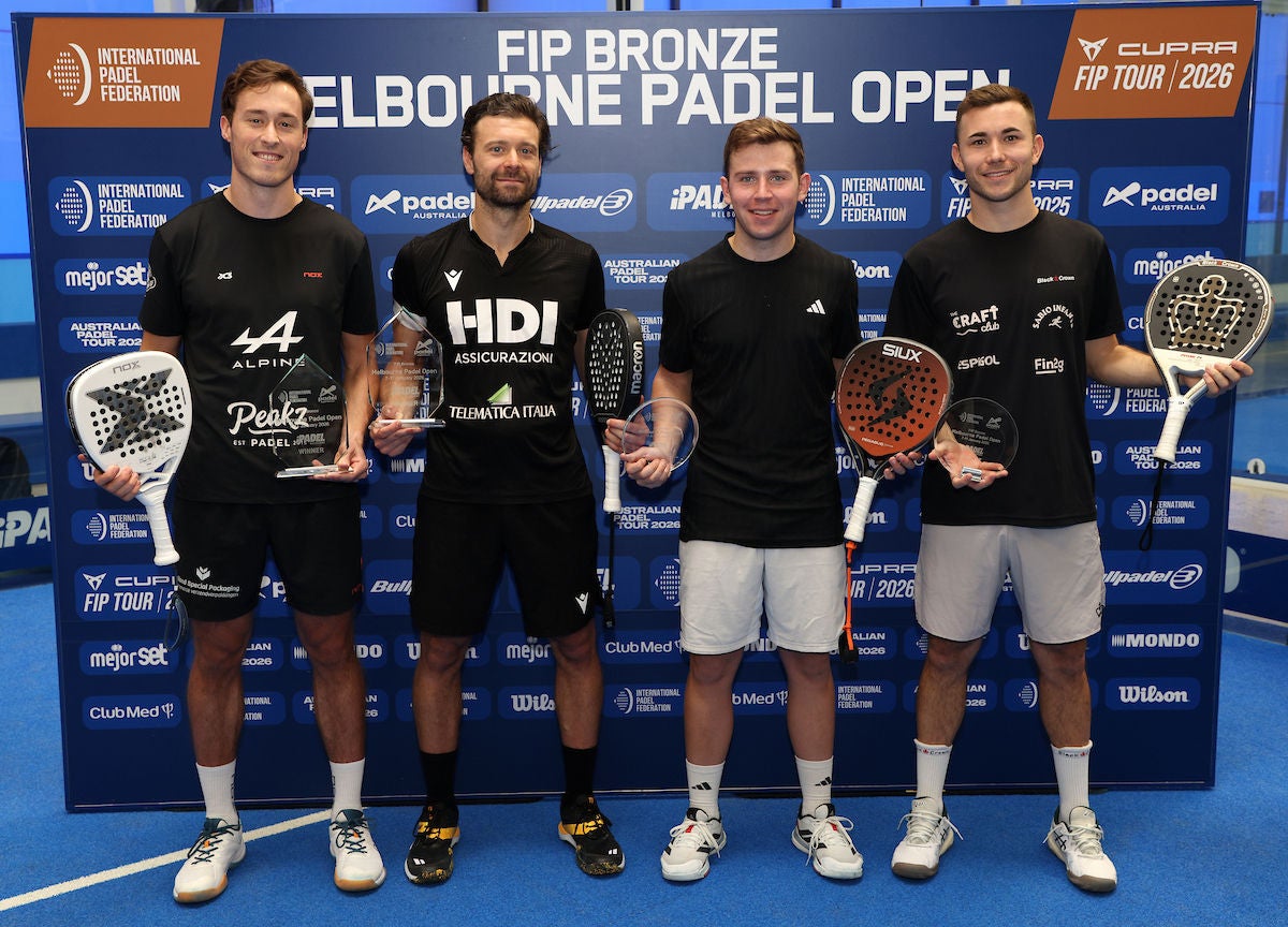 January 11: (from left) Champions Sten Richters (NED) and Simone Cremona (ITA) and finalists Roberto Belmont Pastor (ESP) and Guillem Figuerola Santiago (ESP) during Melbourne Padel Open at iPadel in Melbourne on Sunday, January 11, 2026. Photo by TENNIS AUSTRALIA/HAMISH BLAIR