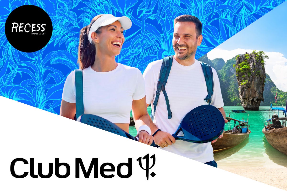 Two Padel Players. A man and a woman. There's a blue flower pattern in the backround and a picture of Phuket. 