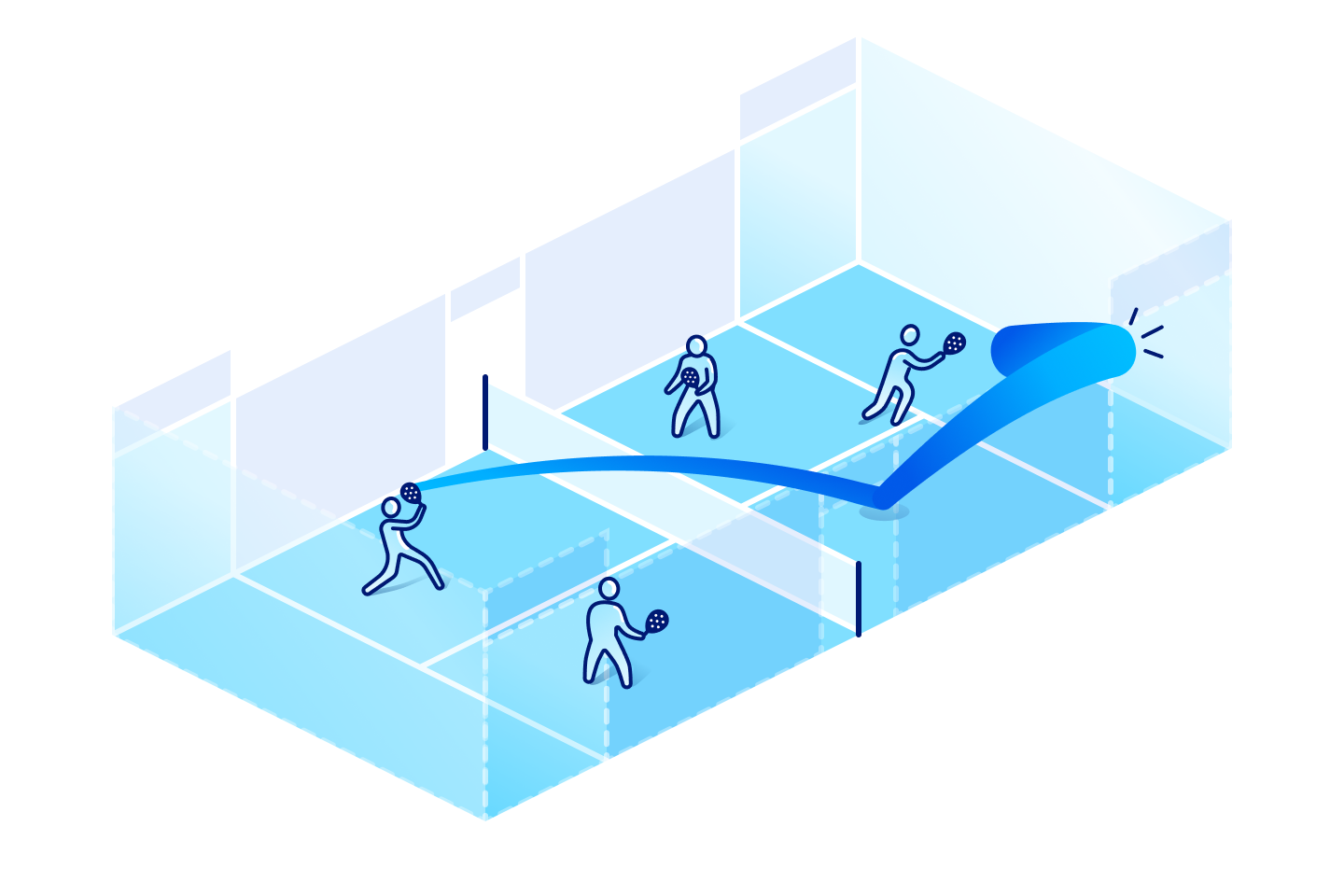 An illustration of a padel court with the ball bouncing on the ground and then bouncing off the wall.