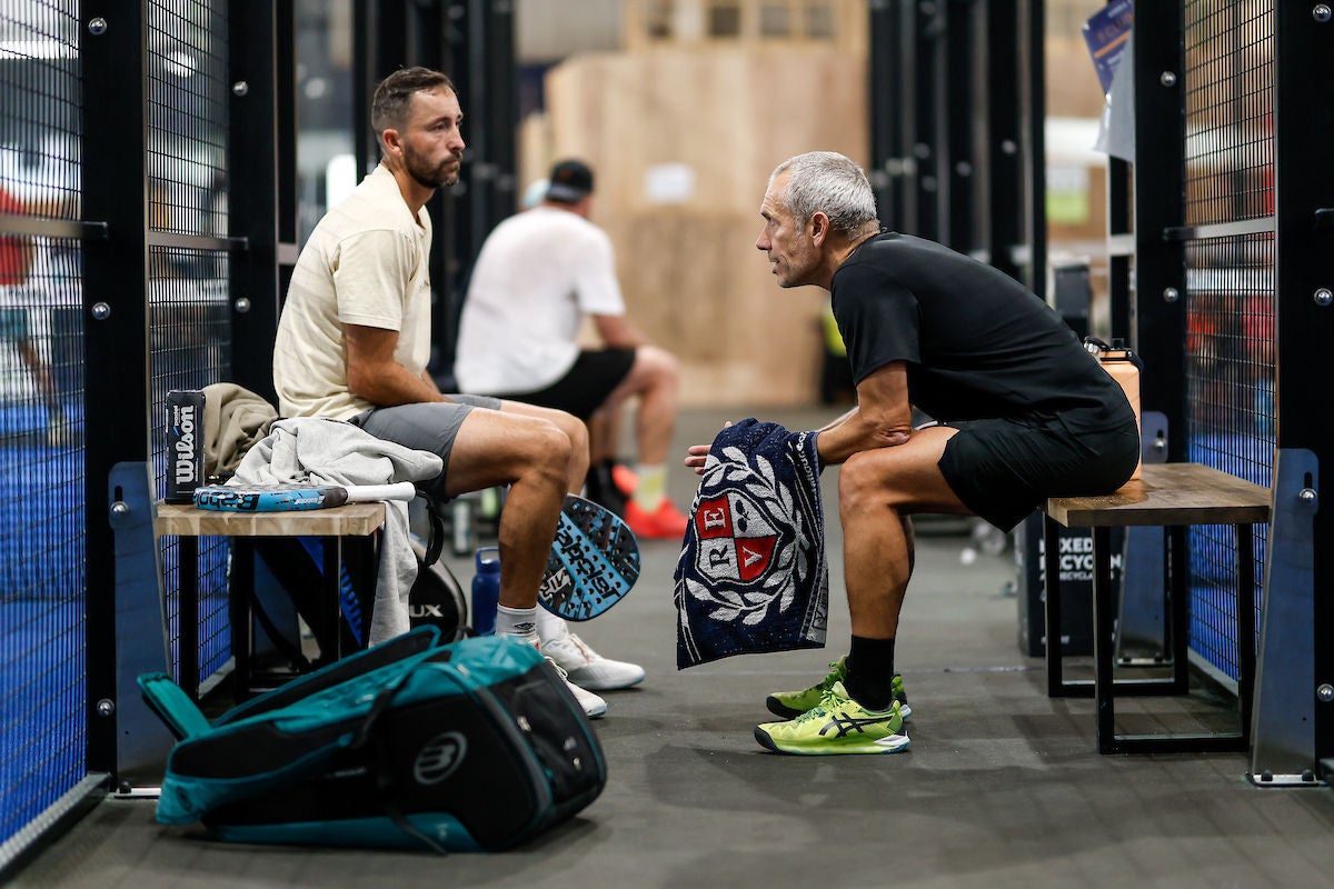 April 11: Miguel Larraburu and Gael Courbard are seen inbetween sets during a Masters Men’s 35+ match at The Nordic Padel (APT M1000) on Saturday, April 11, 2026 Photo by TENNIS AUSTRALIA/DYLAN BURNS