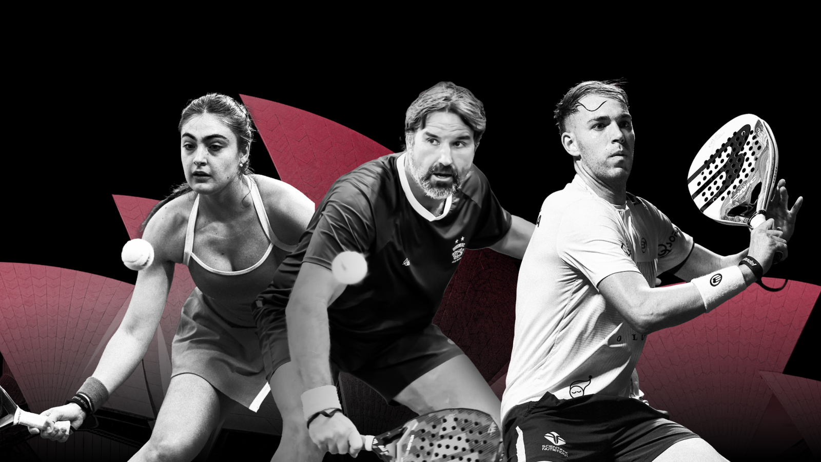 Pat Rafter and two elite padel players in front o the Sydney Opera House