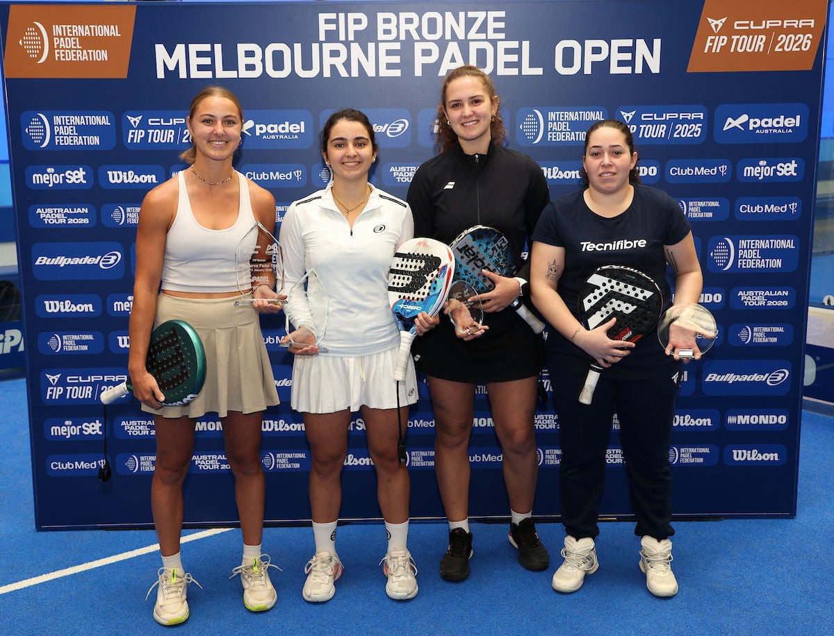 January 11: (from left) Champions Nerea Guerra Santana (ESP) and Carla Fernandez Gonzalez (ESP) and Finalists Jimena Diaz De La Iglesia (ESP) and Cristina Carrascosa Cazorla (ESP) during Melbourne Padel Open at iPadel in Melbourne on Sunday, January 11, 2026. Photo by TENNIS AUSTRALIA/HAMISH BLAIR